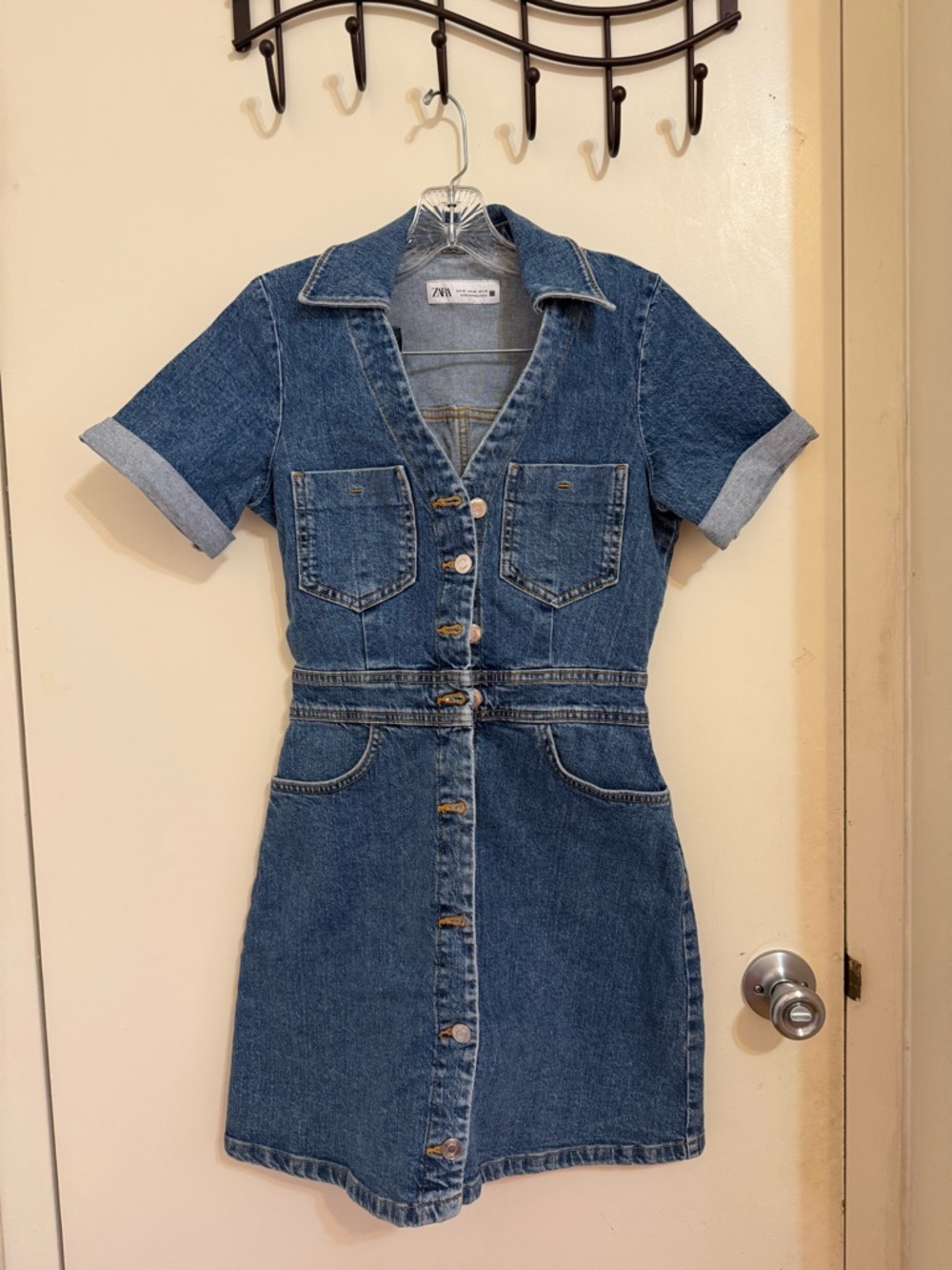 Zara Medium Blue Denim Button-Front Mini Dress